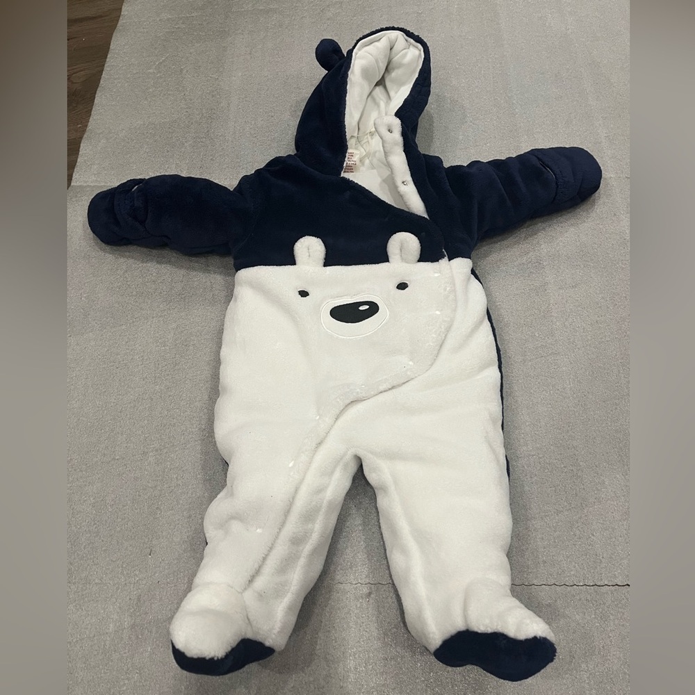[3-6m]First Wish Polar Bear Navy White Snowsuit Snap Hooded Footed Mittens EUC